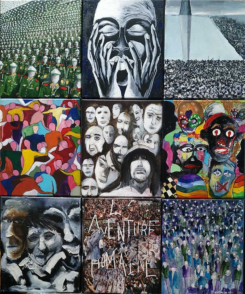 Assemblage de neuf toiles,peinture acrylique et collages 90x76